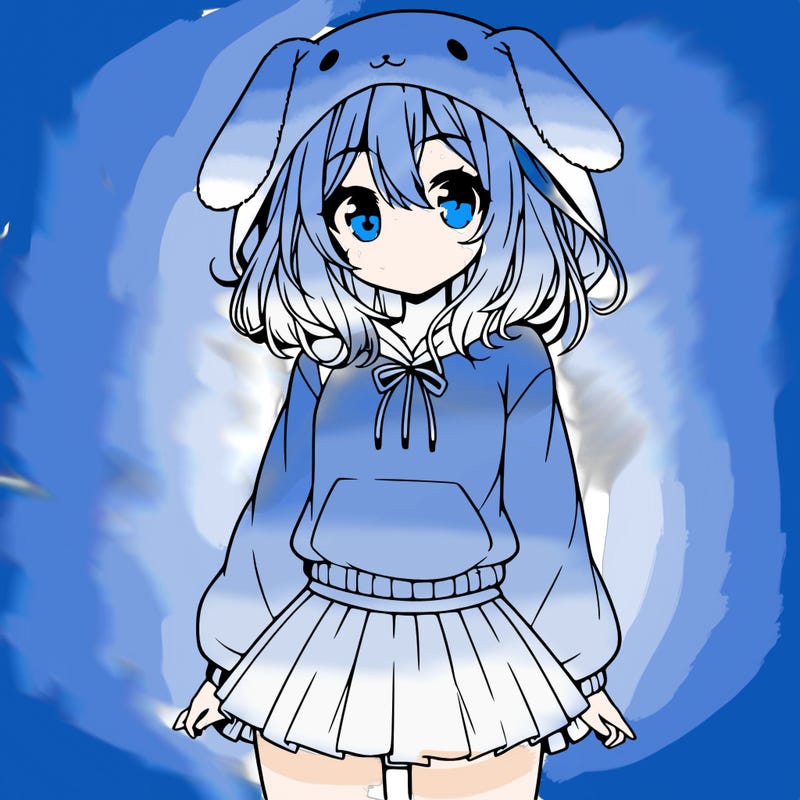 pretty anime girl wearing a fluffy hoodie with bunny ears on the hood and a skirt