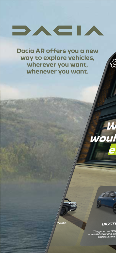 Dacia AR - Dacia AR 앱 인터페이스가 아름다운 환경에서 3D 차량 모델을 보여줍니다