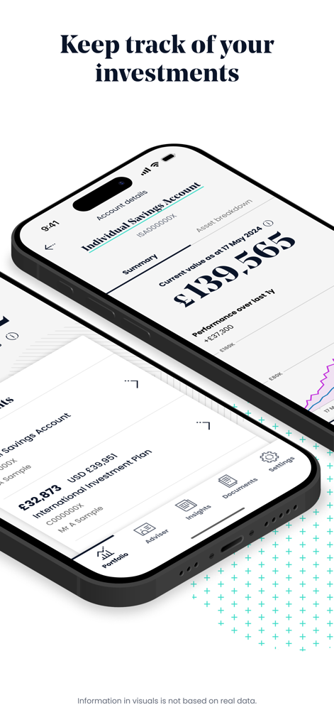 Mobile interface of the SJP app showing a wealth management dashboard with investment balances and portfolio performance graphs.