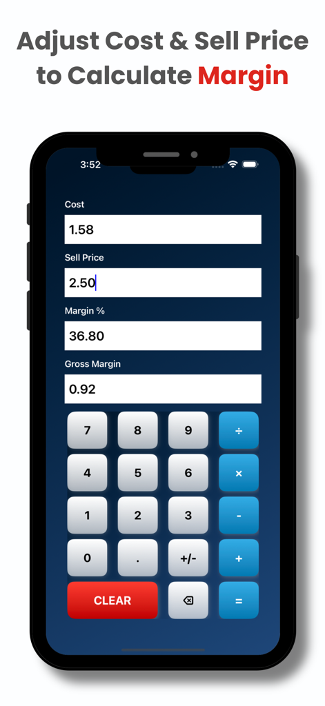 Retail Margin - Retail Margin app interface showing cost sell price and profit margin calculations with a custom numpad
