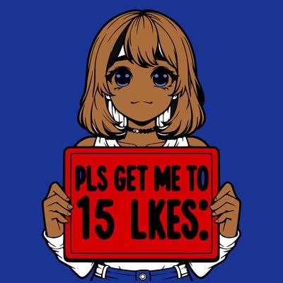 realistic girl holding up a sign that says “pls get me to 15 likes!”