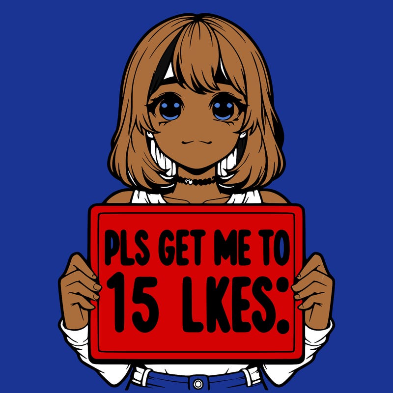 realistic girl holding up a sign that says “pls get me to 15 likes!”