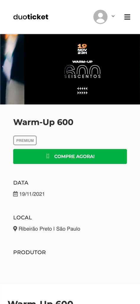 Duoticket - Duoticketアプリのウォームアップ600イベントページ、日付、場所、今すぐ購入ボタンが表示されている
