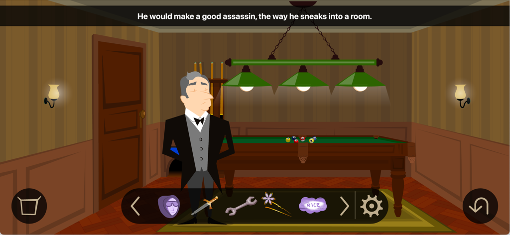 Um personagem de mordomo desenhado à mão em pé em uma sala de sinuca no jogo de mistério Beast of Bodkin Hall.