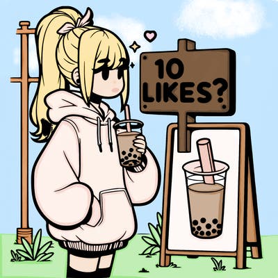 girl with oversized hoodie drinking boba and she has a high ponytail with a sign that says 10likes?