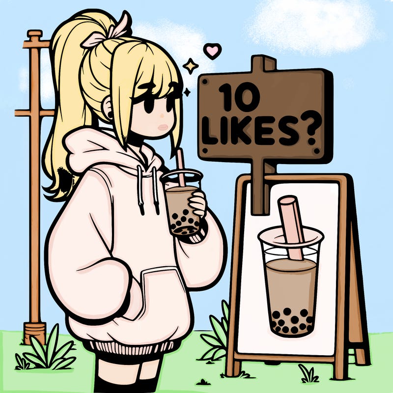 girl with oversized hoodie drinking boba and she has a high ponytail with a sign that says 10likes?