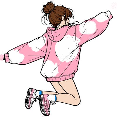 realistic girl jumping with a bun and oversized sweatshirt