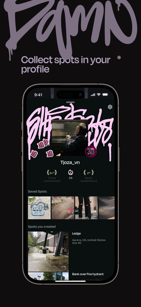 ShredSpots app user profile screen showing saved skate spots and created spots with leaderboard rankings