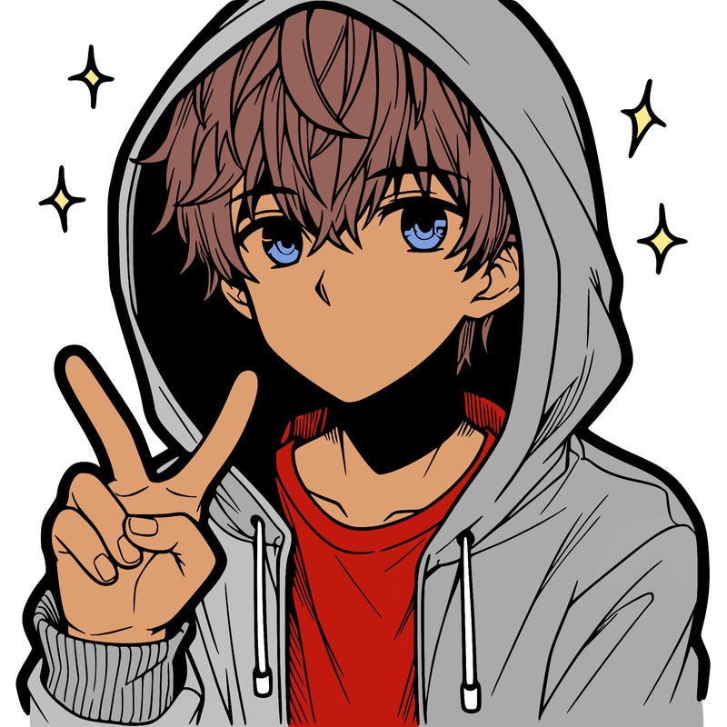 teenage manga boy in a hoodie, doing ✌