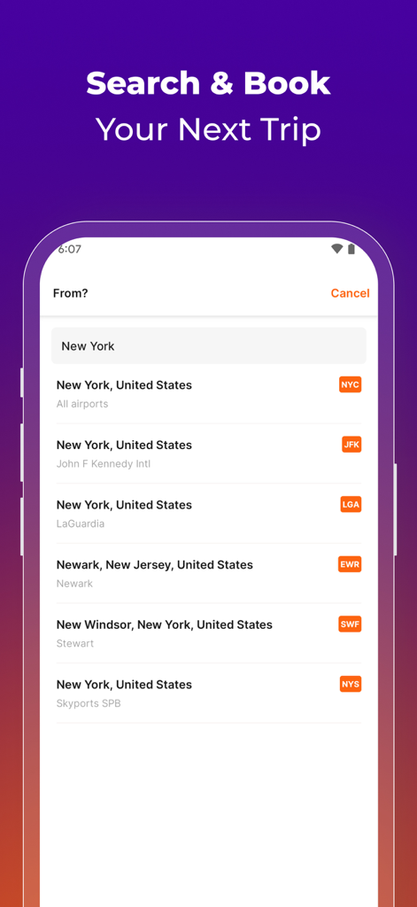 Cheap Flights・Flights70 - Mobile app screen showing a list of New York area airports for flight departure selection.