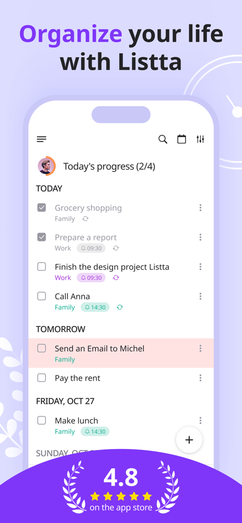 Listta: ToDo & Digital Planner - Listta digital planner app interface showing a daily to-do list with progress tracking and task management