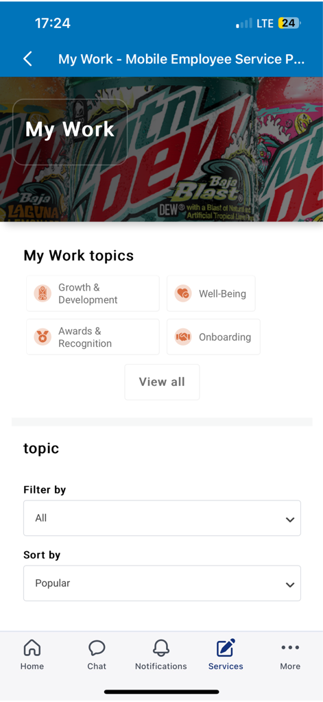User interface of the mypepsico mobile app displaying employee work topics including growth and onboarding