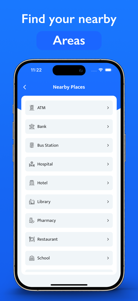 Interface of the RailOne app showing a menu to find nearby services like ATMs, banks, hospitals, and hotels.