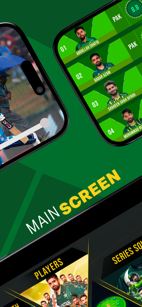 Main screen of PTV Live Sports Cricket TV app displaying Pakistani cricket player profiles and live match action
