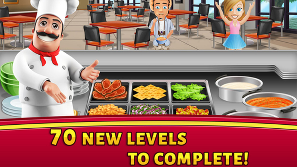 Cooking Dash Story - Fast Food Store & Burger King - A smiling cartoon chef standing behind a kitchen counter with various pizza ingredients and a banner announcing seventy new levels to complete.