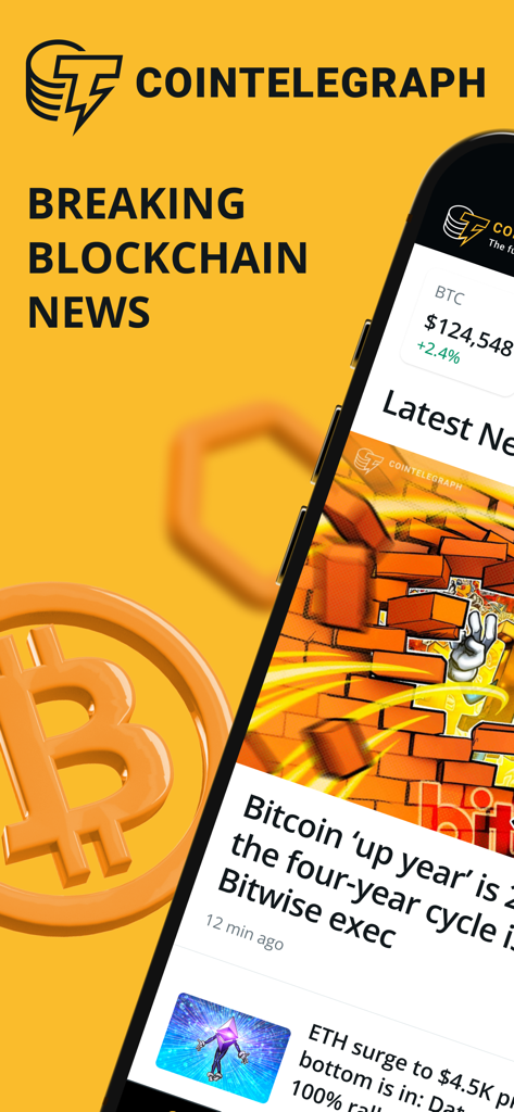 Pantalla de la aplicación móvil Cointelegraph que muestra noticias de última hora sobre criptomonedas y un rastreador de precios de Bitcoin en tiempo real