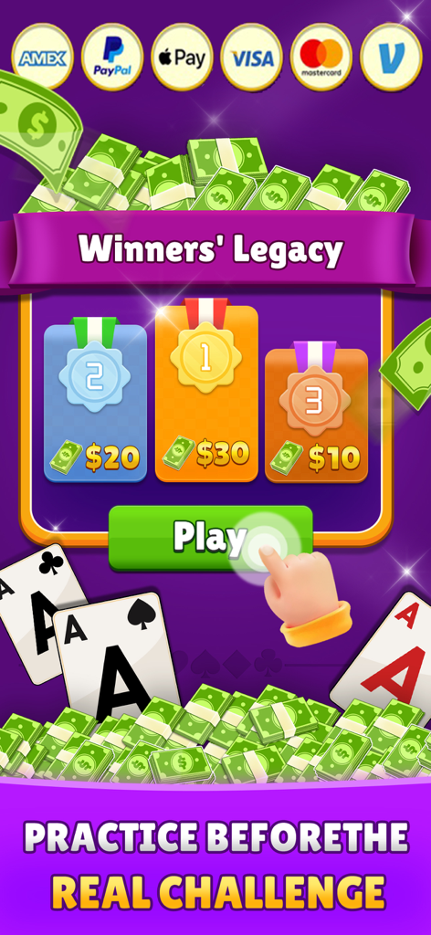 Solitaire Flash: Win Real Cash - Solitaire Flash winners legacy screen displaying cash prizes and practice button