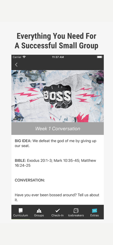 Interface of the Grow app showing a youth ministry small group lesson plan including a conversation starter and Bible verses.