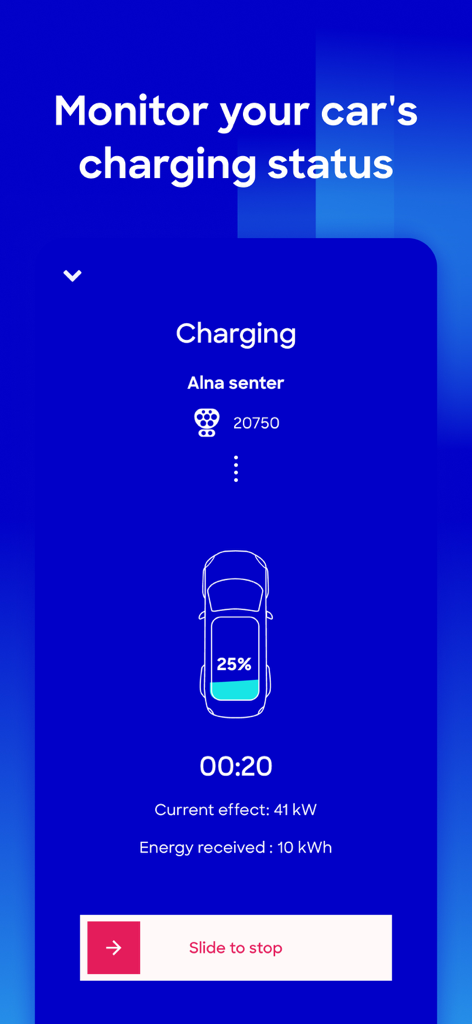 Uma interface de aplicação móvel da Mer Connect que mostra o estado do carregamento de um veículo elétrico em tempo real com um nível de bateria de 25 por cento e o uso de energia atual.