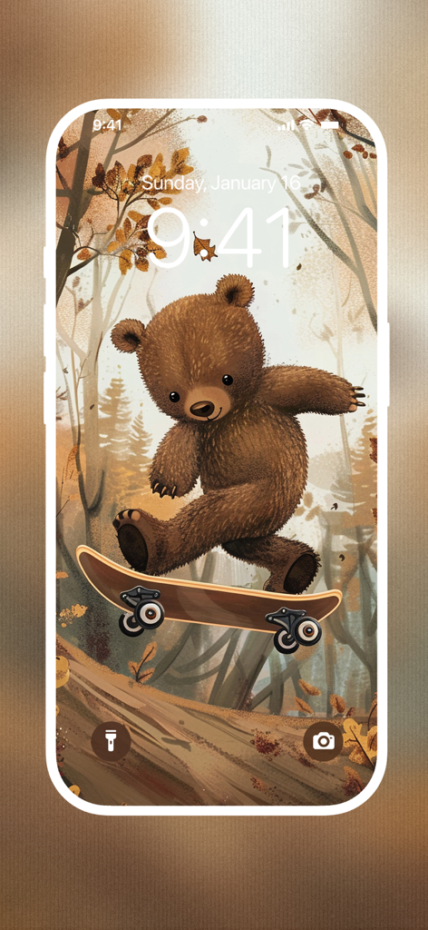 Cute Bear Wallpaper HD - A cute fluffy bear riding a skateboard in a forest on a mobile phone lock screen