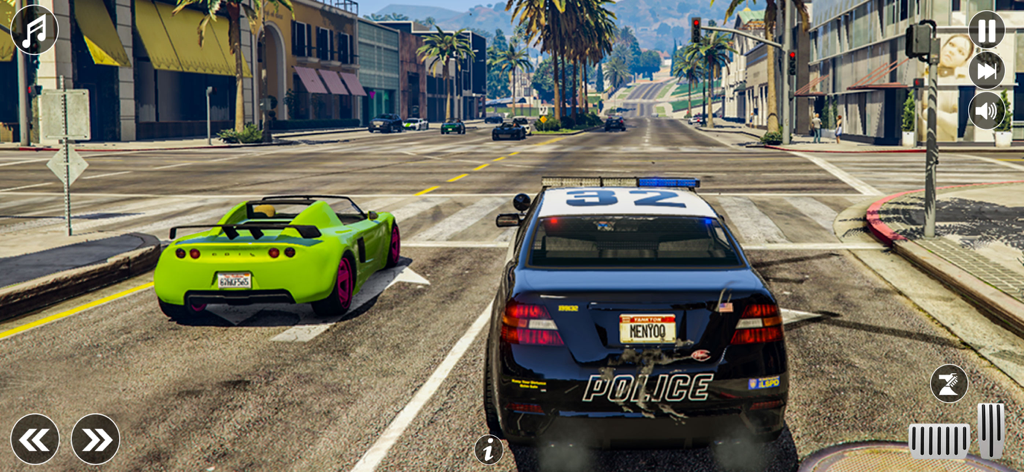 Police Simulator: Car Chase 3D - A police car chasing a lime green sports car through a sunny city street in a 3D simulation game