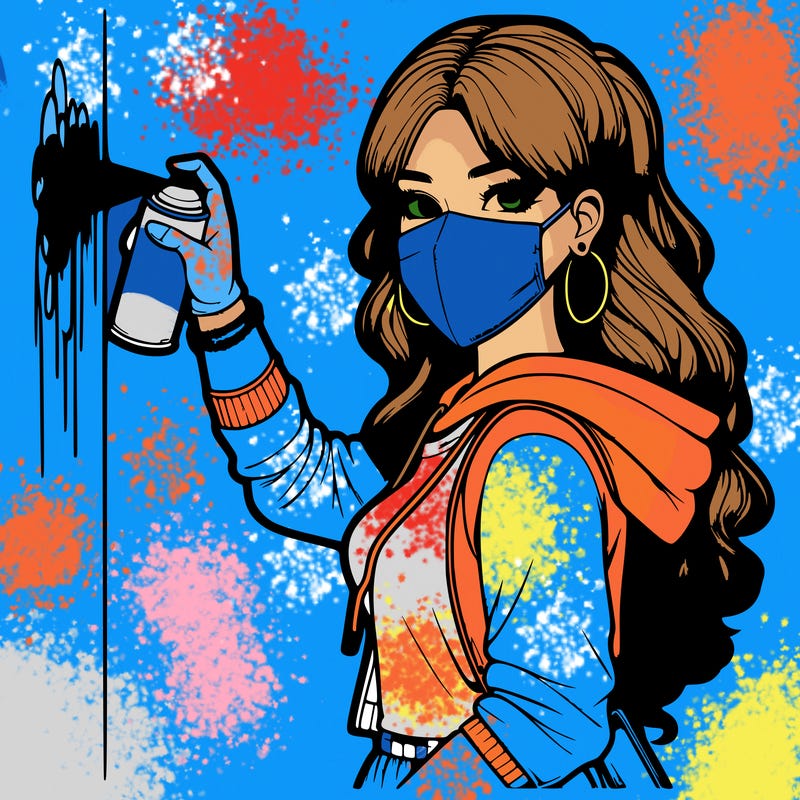 realistic girl with mask spray painting a wall