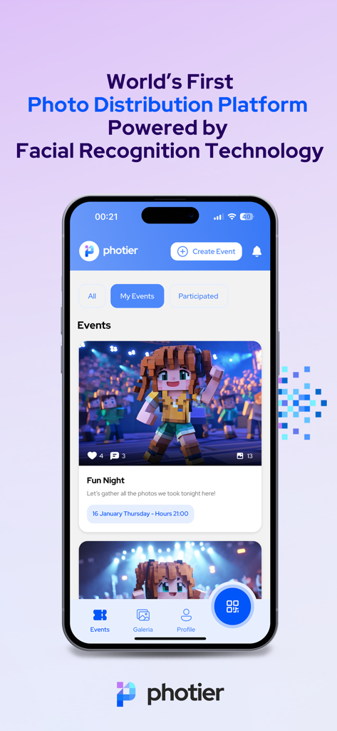 Photier - The Photier app home screen showcasing event photo distribution and facial recognition features.