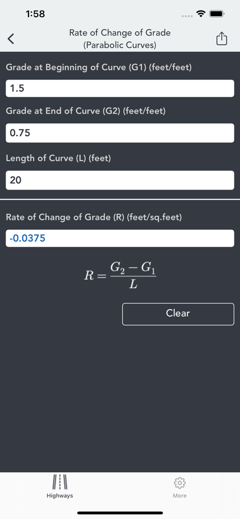 Highways & Roadwork Calculator - Schermata dalla Calcolatrice Autostrade e Lavori Stradali che mostra il calcolo della pendenza della curva parabolica e del tasso di variazione.