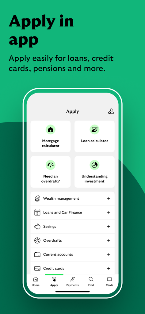 Lloyds Mobile Banking - Interface de l'application Lloyds Mobile Banking montrant l'écran Appliquer avec des options pour les prêts, les cartes de crédit et les comptes d'épargne