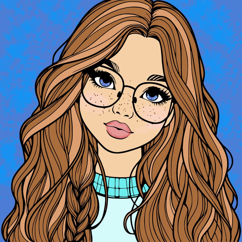 girl with long hair and freckles and glasses realistic