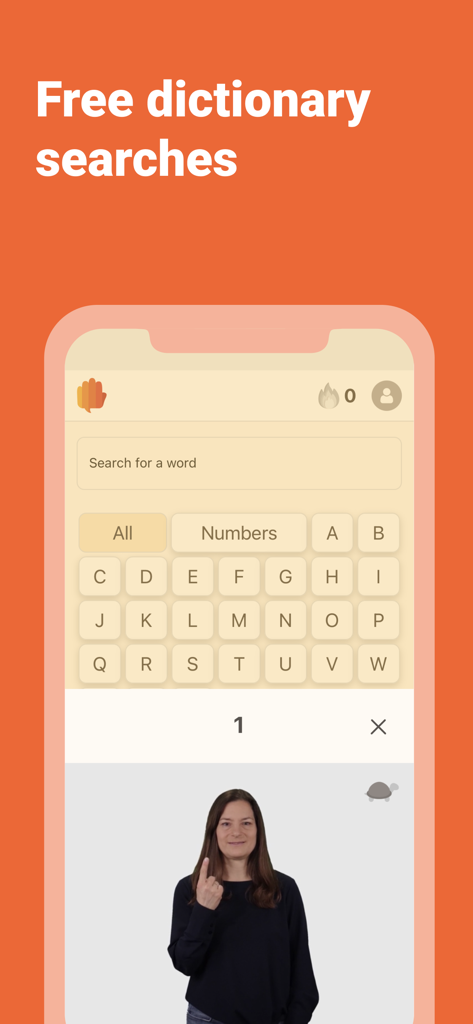 Lingvano app interface showing a sign language dictionary search with a video demonstration of a sign for the number one
