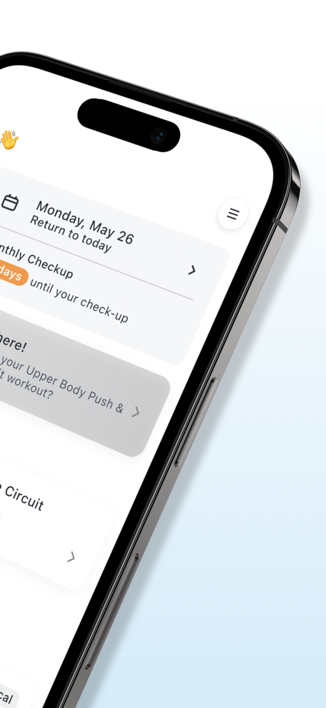 Smartphone screen displaying the MyTrainer AI workout planner and daily schedule