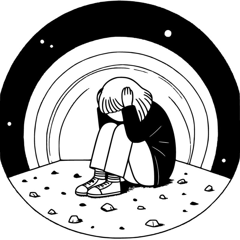 a girl huddled up against the wall on the floor with her hands on her head