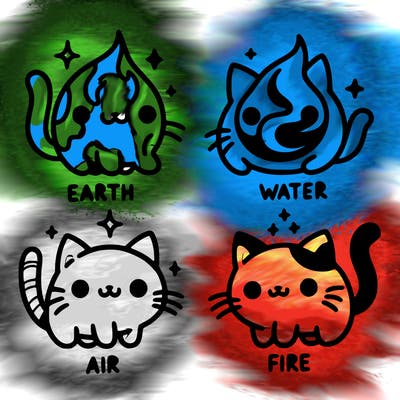 4 cats that represent the different elements, earth, water, air, and fire