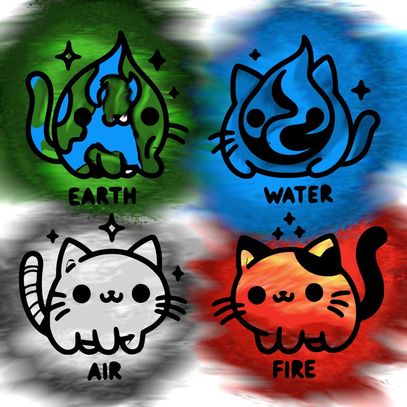 4 cats that represent the different elements, earth, water, air, and fire