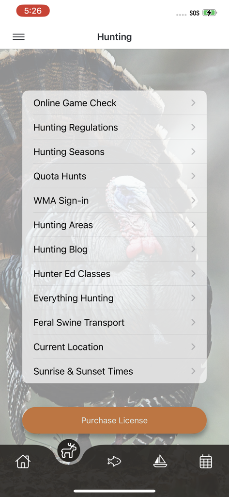 Go Outdoors GA app hunting menu showing options for regulations and license purchase
