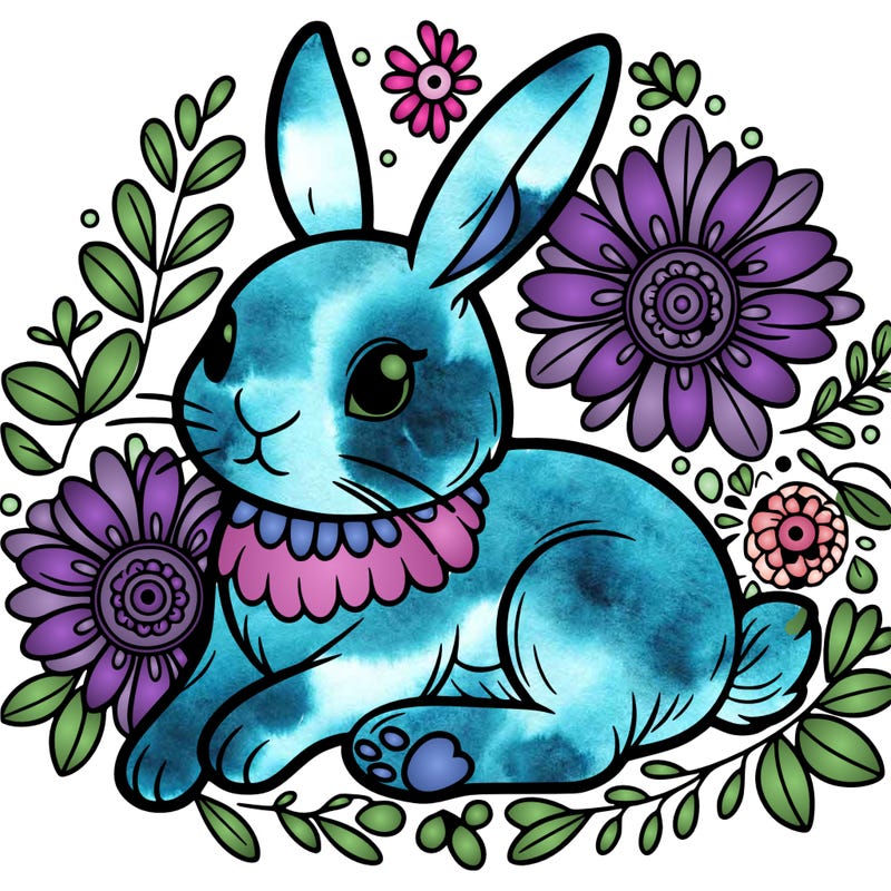rabbit surrounded by flowers . flowers should be basic outlines (circle center, petals around). rabbit has more defined paws. medium lines.