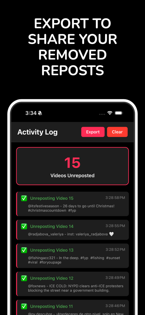 UnRepostAll - Schermata del log delle attività di UnRepostAll che mostra 15 video rimossi con un'opzione di esportazione