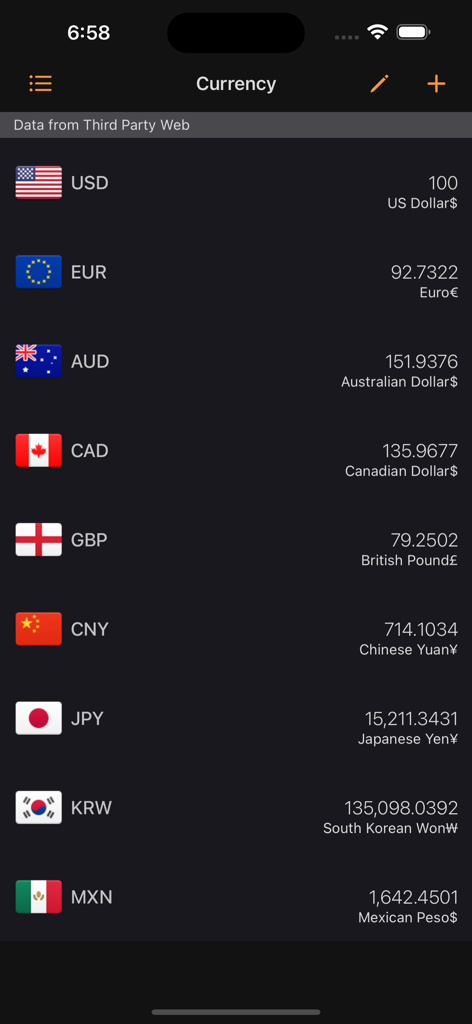Smart-Calculator Pro - Interfaz del conversor de divisas de Smart-Calculator Pro que muestra tipos de cambio de divisas globales con banderas.