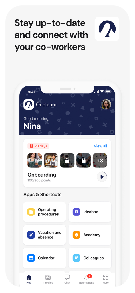 Oneteam employee platform dashboard with onboarding and work tools