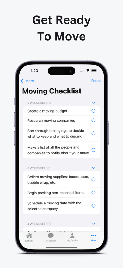 Roomie - Find a Roommate - A moving checklist feature within the Roomie app showing a timeline of tasks such as creating a budget and collecting supplies
