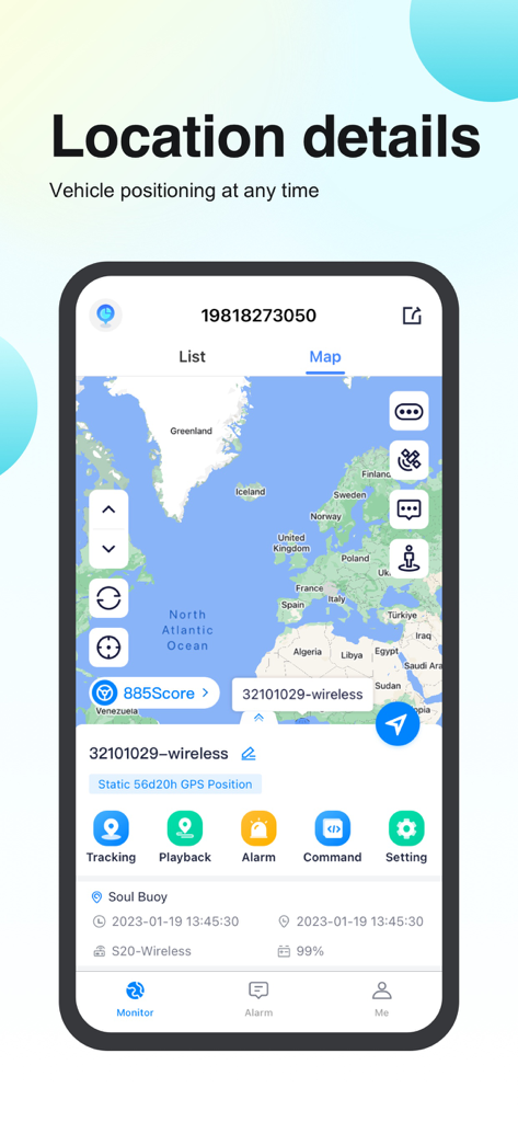 IOPGPS - IOPGPS-App-Oberfläche mit Echtzeit-Fahrzeugstandortdetails auf einer Weltkarte