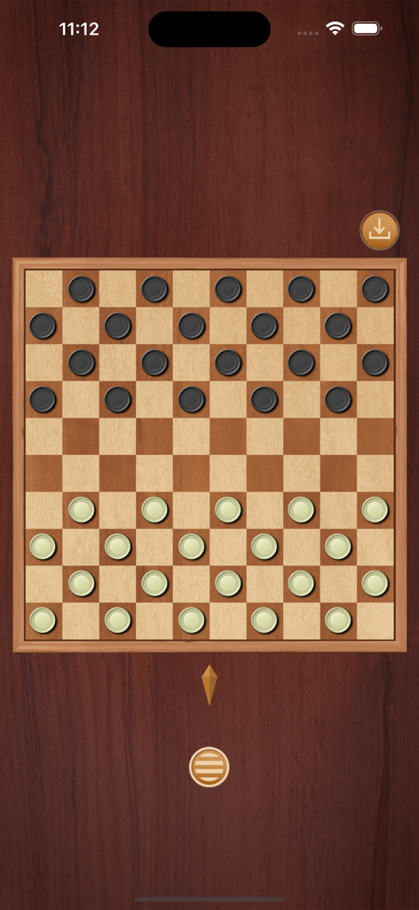 Checkers game - 나무 보드 위에 검은색과 크림색 말이 있는 디지털 체커 게임의 탑다운 뷰