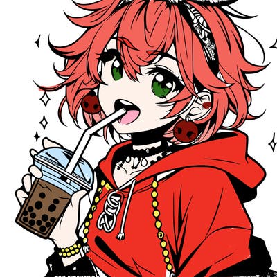 hot baddie anime girl drinking boba and biting the straw