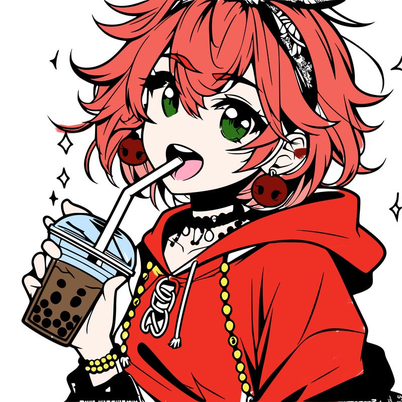 hot baddie anime girl drinking boba and biting the straw