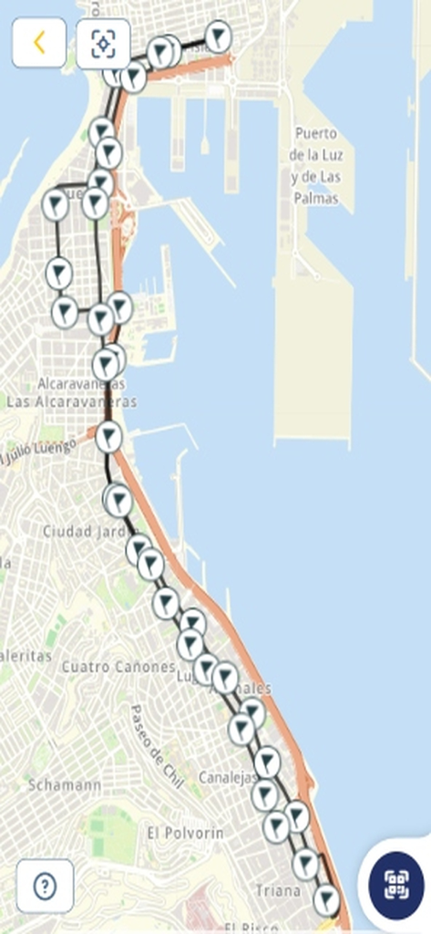 AUTGC - Marcadores de rutas y paradas de autobús en un mapa de la ciudad dentro de la aplicación móvil AUTGC.