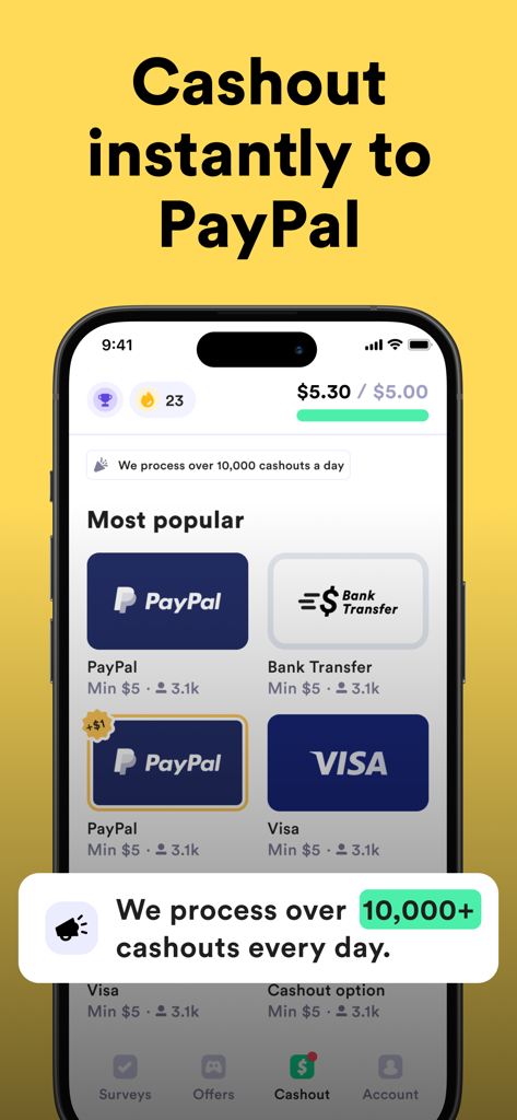Eureka app cashout interface featuring PayPal and bank transfer rewards