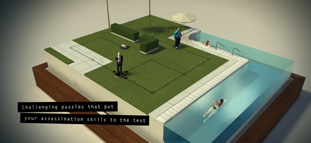 A turn-based strategy level in Hitman GO featuring Agent 47 on a diorama game board
