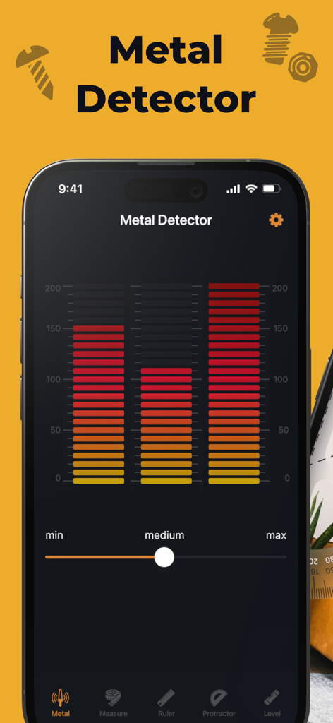 Metal Detector - Stud Finder - iPhone上のメタル探知機アプリのインターフェース。信号強度バーと感度設定が表示されています