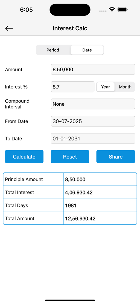 利息計算機アプリの画面。利率と将来の投資価値の計算フィールドが表示されています。